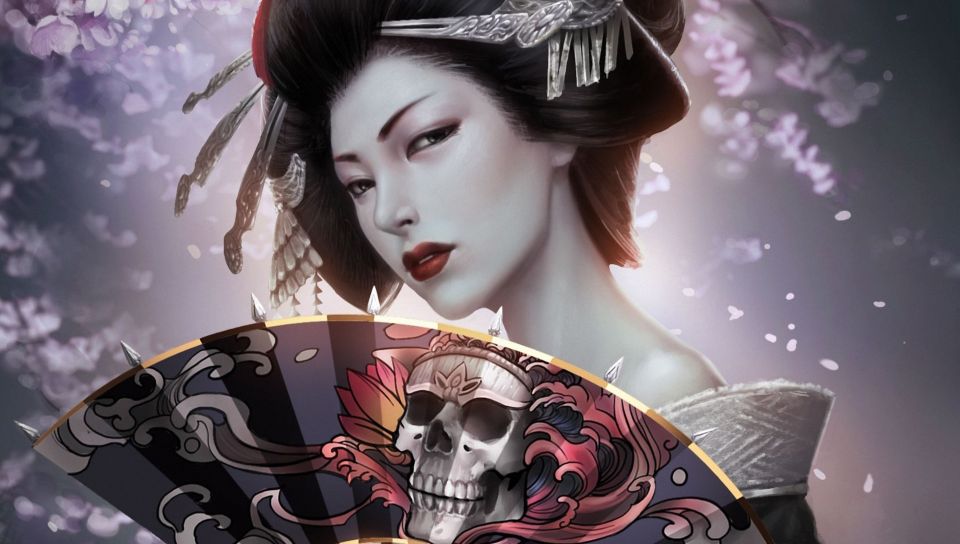 Japanese Geisha With Skull Art Fan featuring Abstract / Arts, Babes, Dominion Tv Series - Perfect PS Vita Wallpaper